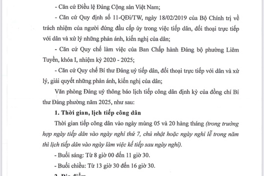 Thông báo lịch tiếp công dân của Đảng uỷ phường 